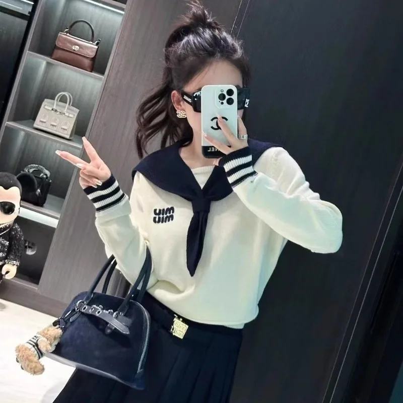 

Sailor Collar Slim Contrasting Colors Knitwear Women Spring Autumn Fashion Office Lady Sweater All-match Casual Knitting Tops
