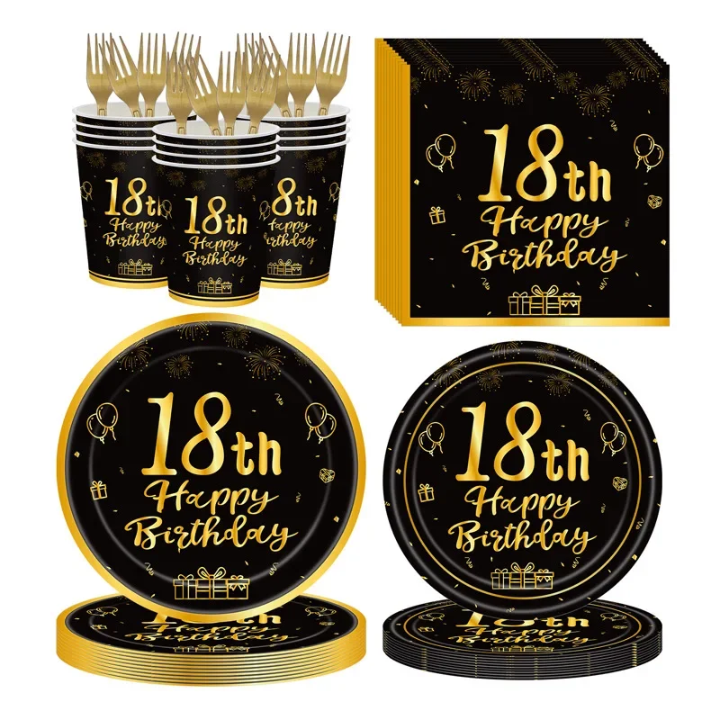 8Guests 18 Years Old Birthday Disposable Tableware Sets Black Golden 18th Paper Plate Napkin Cup Happy 18th Birthday Party Decor