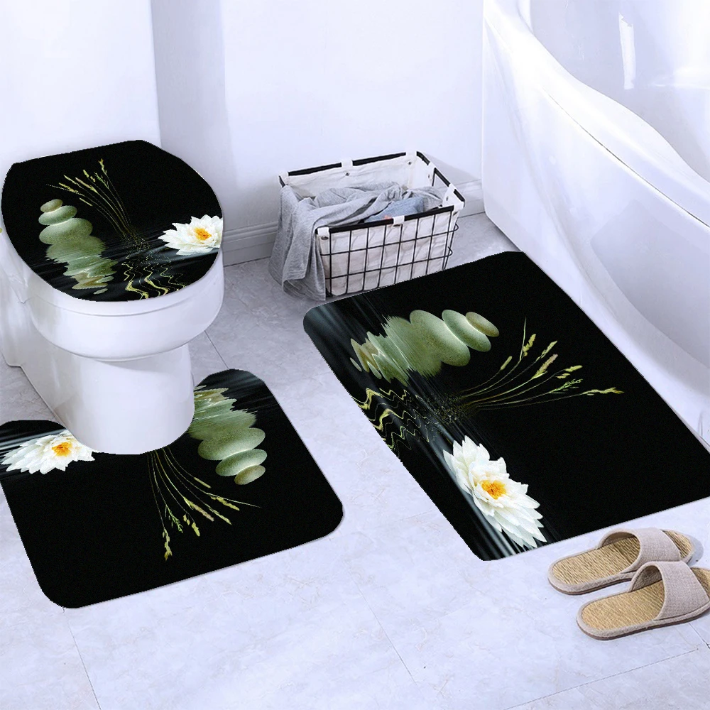 Zen Stone Black Flowers Shower Curtain Set Toilet Seat Cover Bathroom Non-Slip Carpet Bath Mat Rugs Waterproof Bathtub Curtains