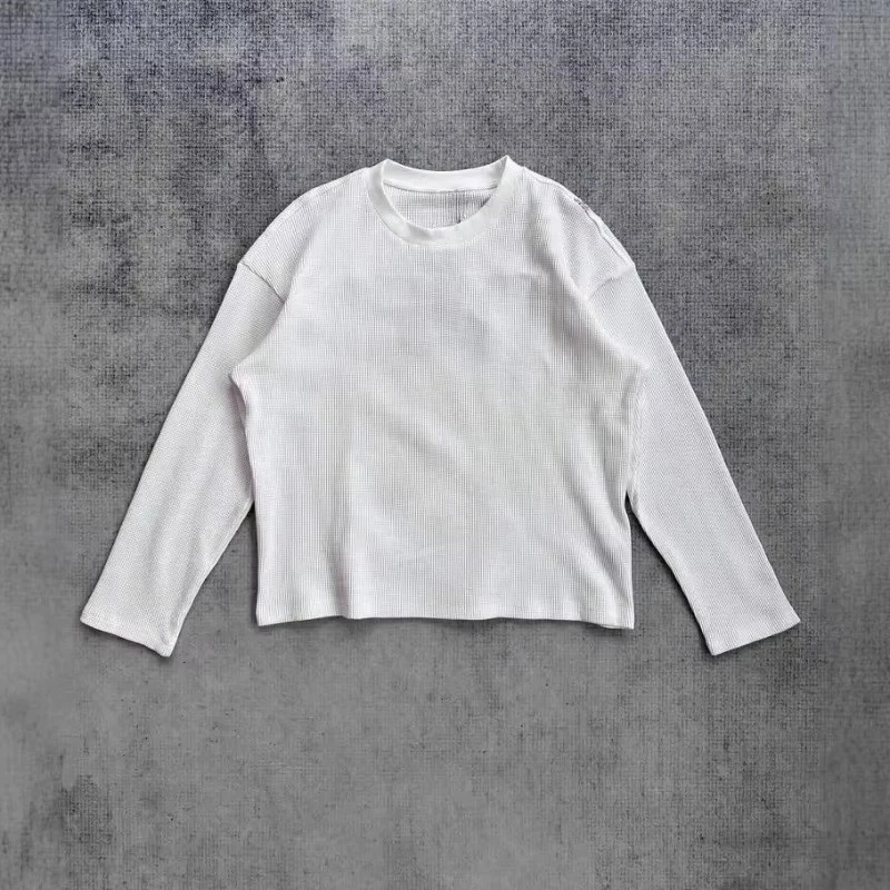 Deeptown White Cherry Blossom Embroidery Man Women T-Shirts Long Sleeve Oversized Waffle Tees Basic Harajuku Casual Streetwear