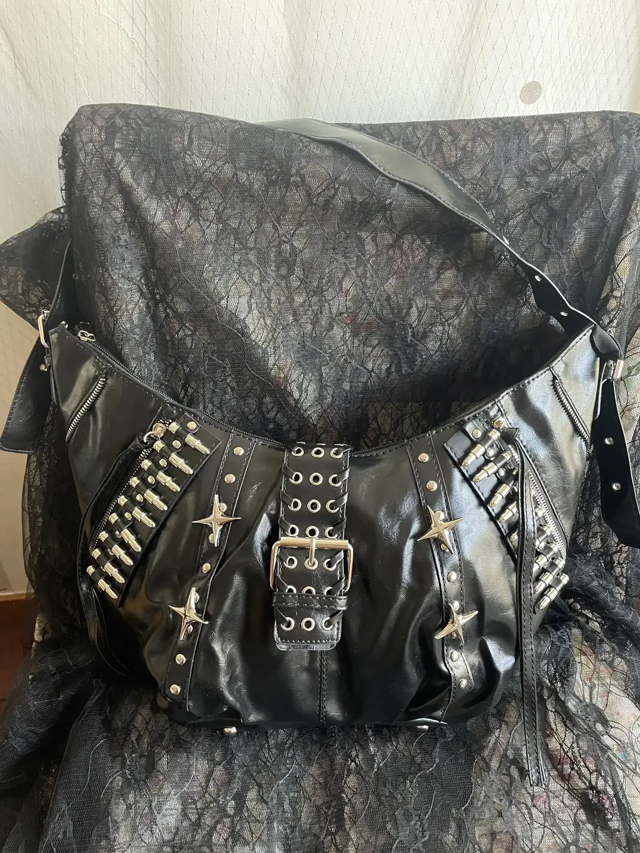 Y2K Grunge Crossbody Purse Gothic Alt Handbag Punk Star Bullet Studded Hobo Bag Black PU Leather Shoulder Bag