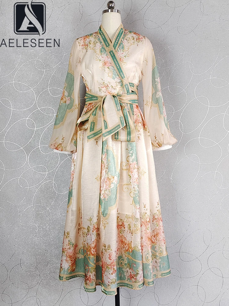 

AELESEEN Bohemian Summer Long Dress For Women Designer Fashion V-Neck Lantern Sleeve Flower Print Belt Elegant Midi Party