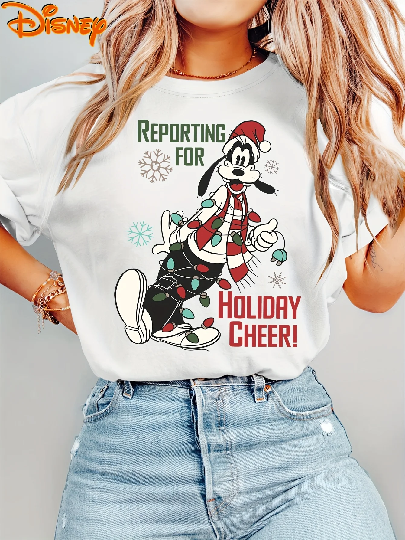 المرأة ديزني بلوتو أضواء عيد الميلاد تي شيرت الرجال القطن المحملة س الرقبة عادية كبيرة الحجم قصيرة الأكمام الشارع الشهير دونالد داك الأعلى #1
