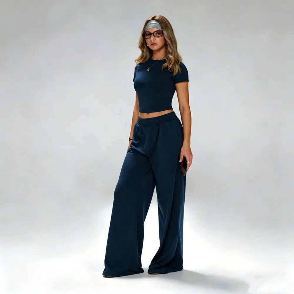 Ladies Sportswear Outfits Breathable Short Sleeve Shirt Wide Leg Trousers Yoga Gym Running Training Fitness Active Set