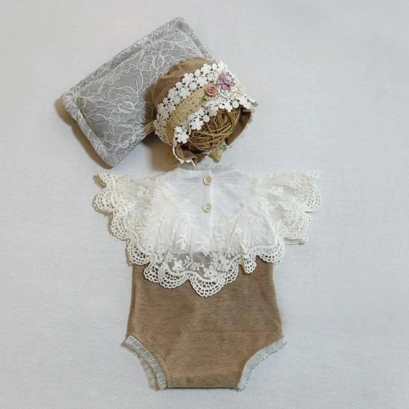 Newborn Romper  Infant Outfit with Matching Hat Lace Bodysuit Baby  Thirty Days Photography Clothing Set