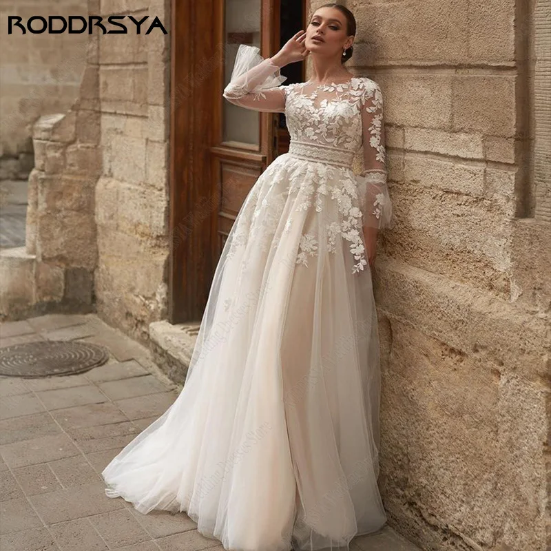 RODDRSYA-vestidos de novia bohemios de manga larga, de encaje Floral, cuello redondo, blanco, ilusión civil, botones en la espalda Boho de manga larga vestidos de novia de encaje floral de cuello redondo vestido blanco