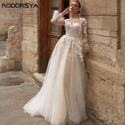 RODDRSYA Boho Long Sleeves Wedding Dresses Lace Floral Scoop Neck Vestido Blanco Boda civil Illusion Buttons Back Bridal Gowns