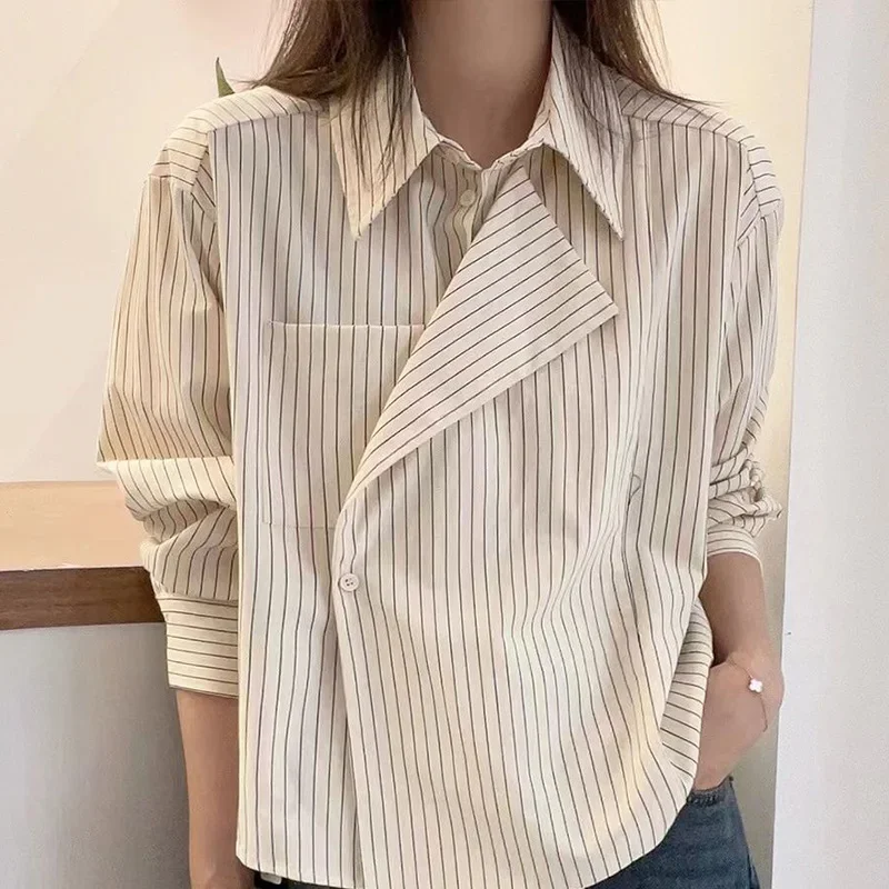 Casual Commuting Polo Collar Long Sleeves Striped Shirt for Women\'s Spring Autumn New Western Style Loose Temperament Trendy Top