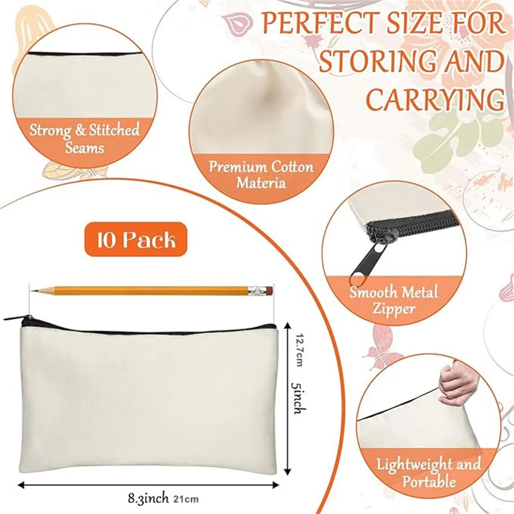 10 Stück leere Canvas-Taschen mit Reißverschluss, Make-up-Taschen, Mehrzweck-Federmäppchen mit robustem Reißverschluss, Kosmetiktasche für Reisen – Detail 5