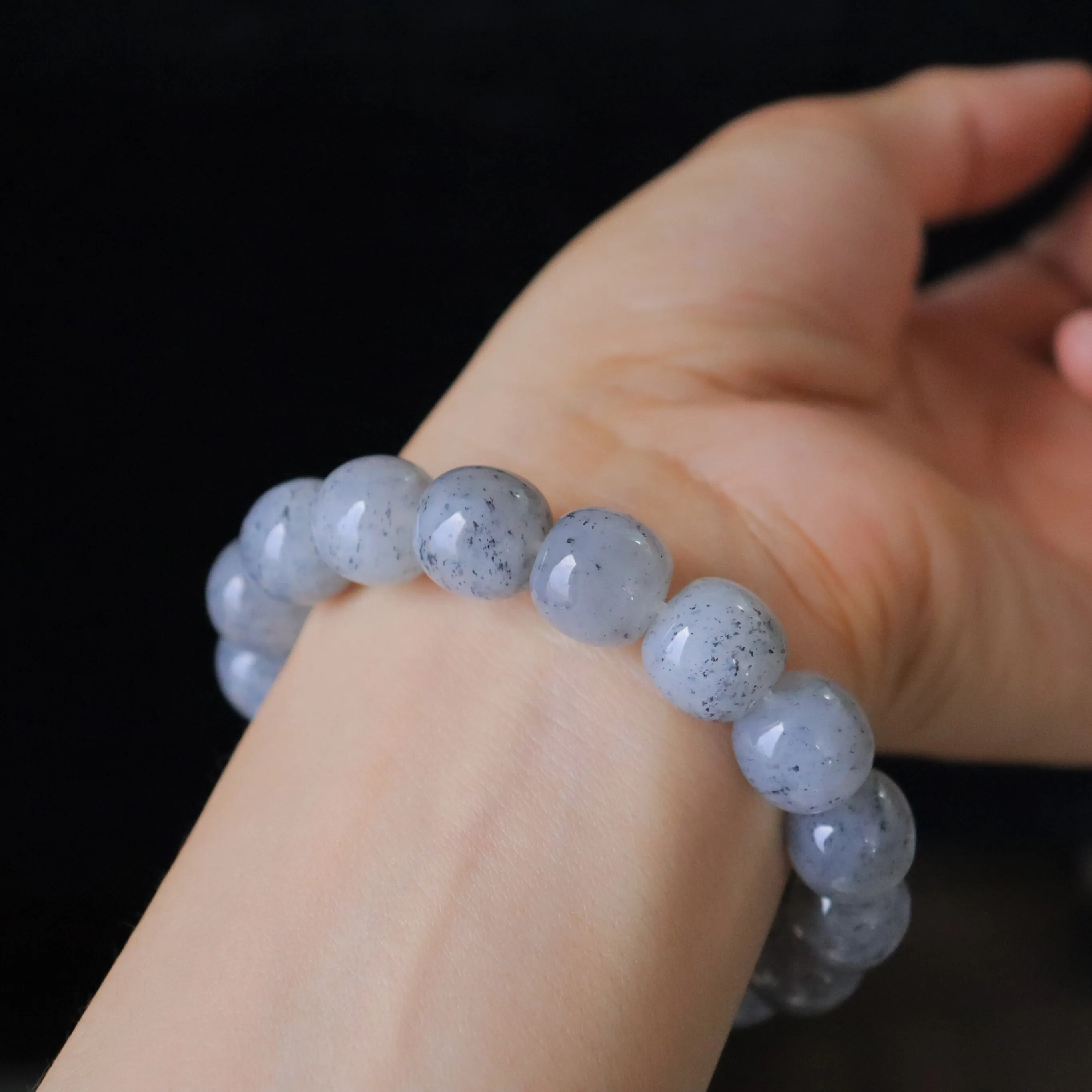 Natural Ink Splash Blue White Hetian Jade Bracelet 12*11mm Old Barrel Shape Smooth Single Loop Chinese Style Bracelet