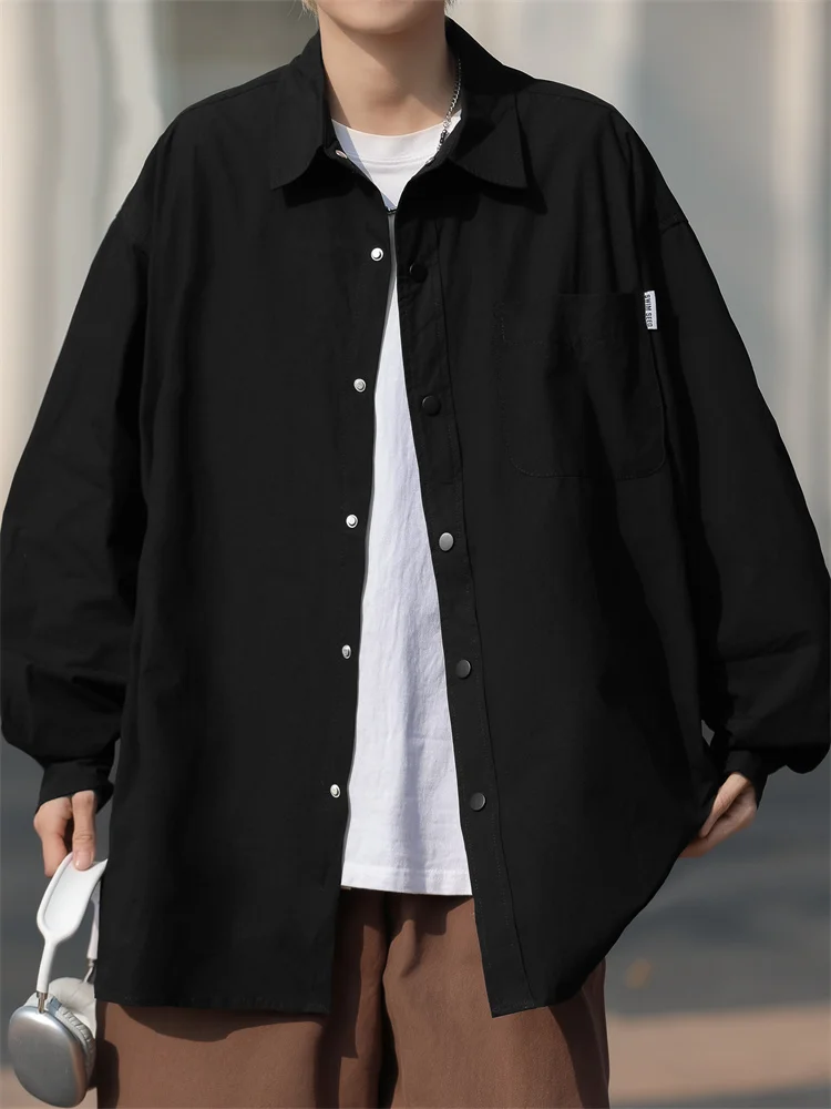 Men's Long Sleeve Pure Color Casual Shirt Vintage Workwear Cityboy Style Spring Autumn Loose Fit Trendy Outerwear
