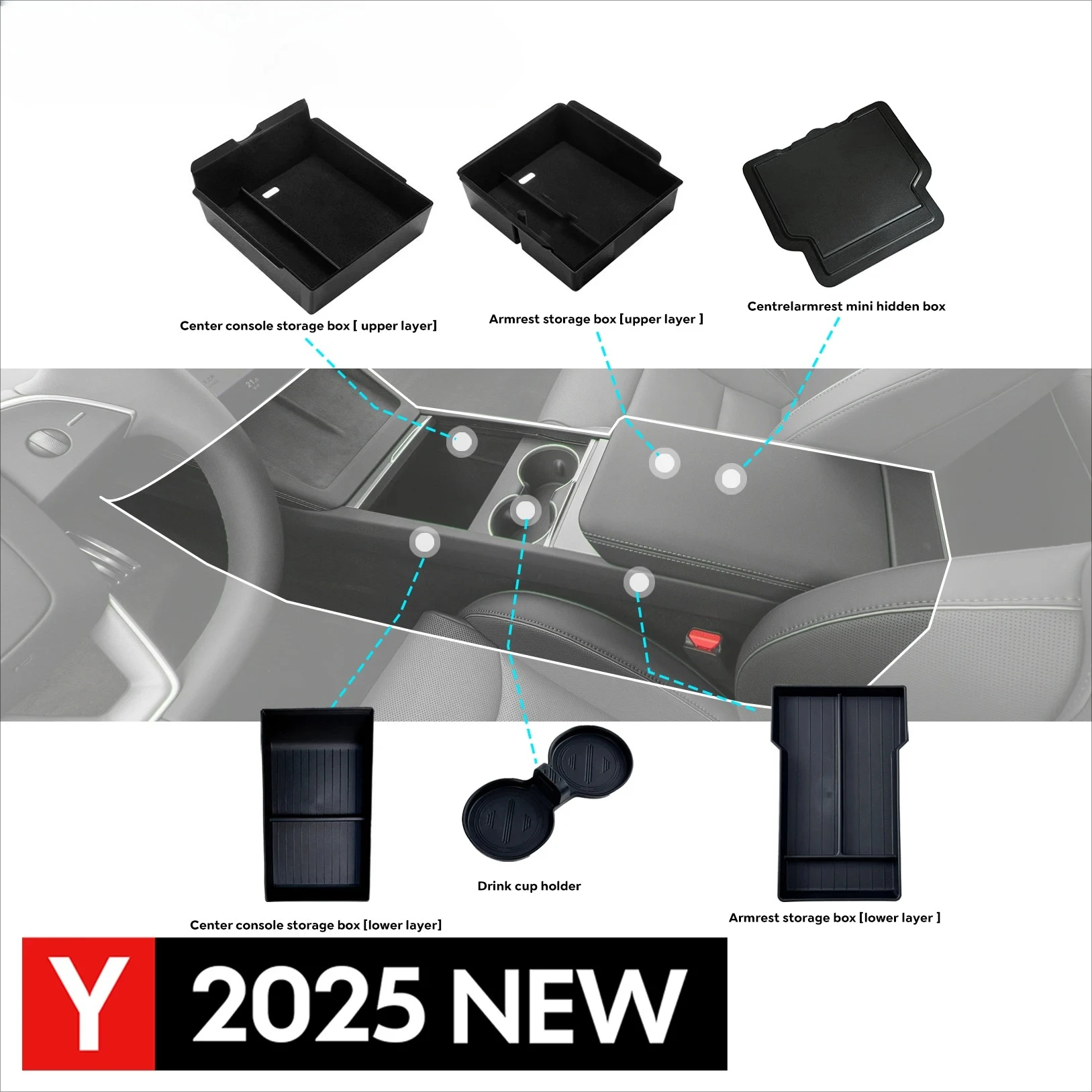 

Для Tesla New Model Y 2025 Launch Juniper, консоль и подлокотник, верхняя и нижняя флокированная коробка для хранения, держатель для чашки с водой, крышка камеры