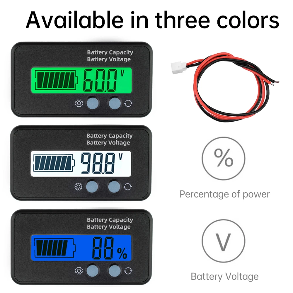 เครื่องวัดแรงดันไฟฟ้า DC 6-100V 12V/24V/36V, เครื่องบ่งชี้ความจุของแบตเตอรี่ลิเธียมรถยนต์รถจักรยานยนต์ดิจิตอล