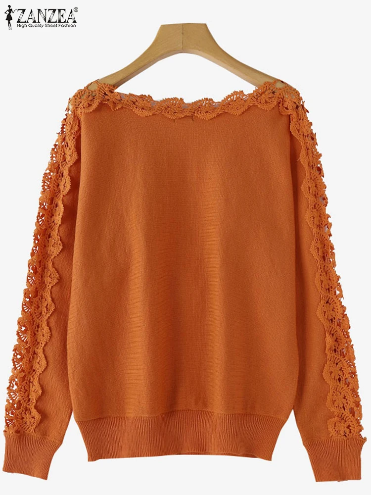 

ZANZEA 2025 Autumn Women Sweaters Solid Pullovers Vintage Boat Neck Casual Patchwork Lace Tops Oversize Fashion Elegant Jumpers