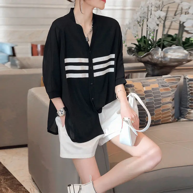 

Spring Summer Women's Clothing V-Neck Casual Single-breasted Loose Shirt Streetwear Striped Patchwork Midi Blouse Three Quarter