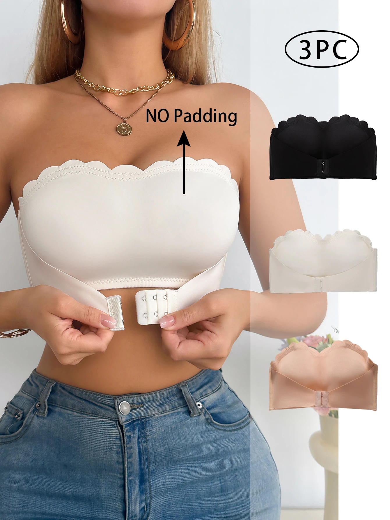 3-Pack Bra Bandeau Wanita Tanpa Tali Tanpa Bantalan Tanpa Jahitan dengan Penutup Depan Push-Up Tak Terlihat Minimizer