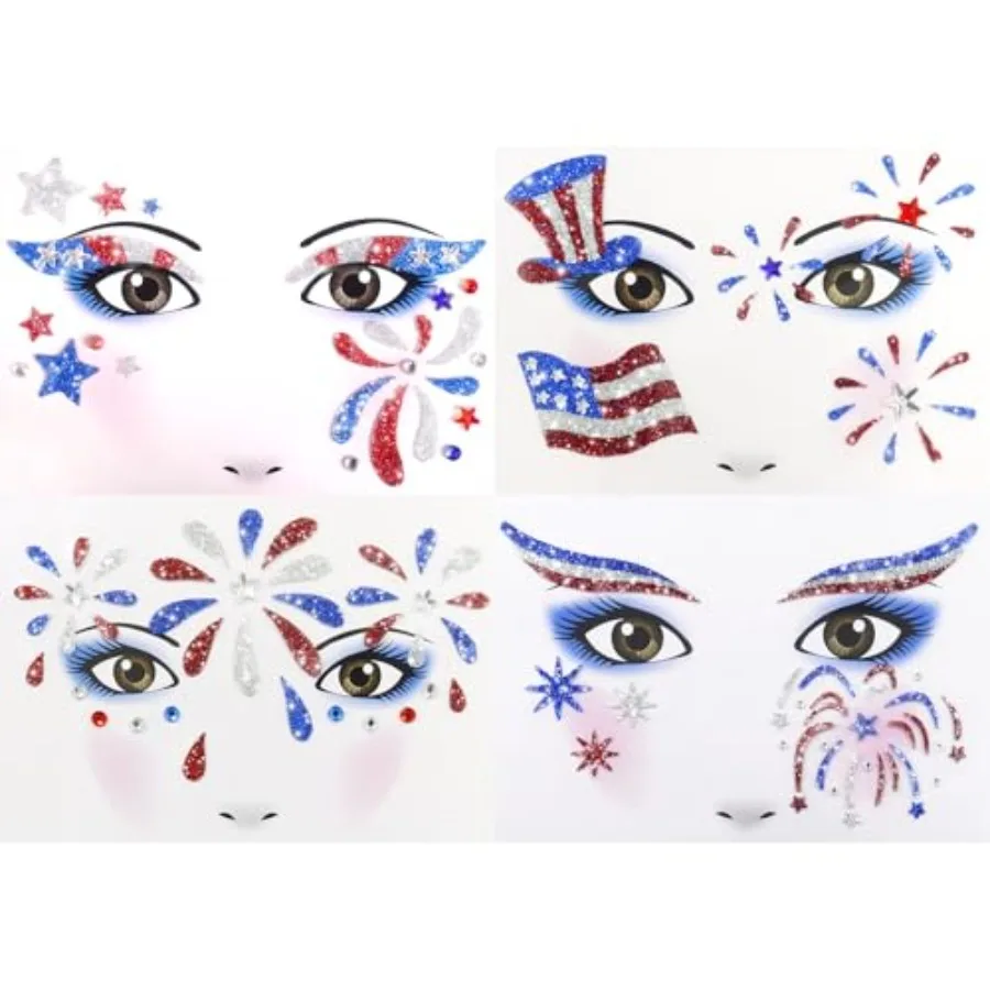 4th of July Patriotic Glitter Face Stickers, 4Pcs Red White Blue Temporary Tattoos, Self Adhesive Art Sticker Face Tattoos for