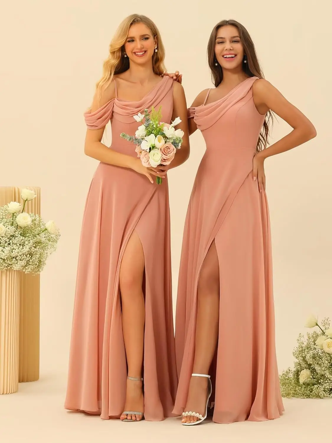 فستان وصيفة العروس بكتف واحد لعام 2025 شيفون طويل سبليت لحفلات الزفاف بكتف بارد على شكل حرف a مع جيب فستان رسمي