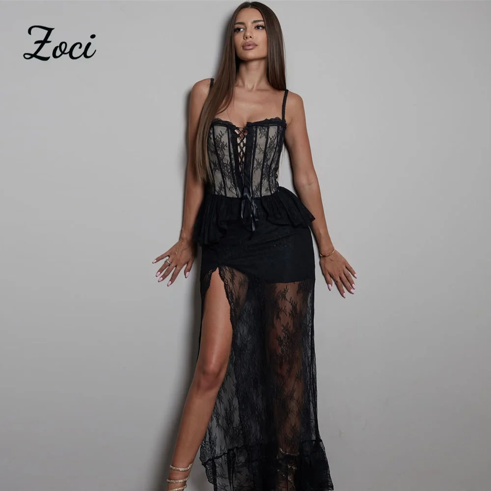 

Zoci Sweetheart Full Lace Черные платья для выпускного вечера в Саудовской Аравии Индивидуальные длинные вечерние платья на тонких бретельках с высоким разрезом Сексуальные платья для выпускного вечера