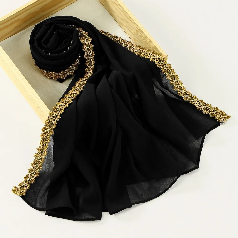 

Шифоновый хиджаб на Ид аль-Фитр с золотой волной, мягкий, дышащий, скромный, однотонный, с премиальной вышивкой, шаль-накидка
