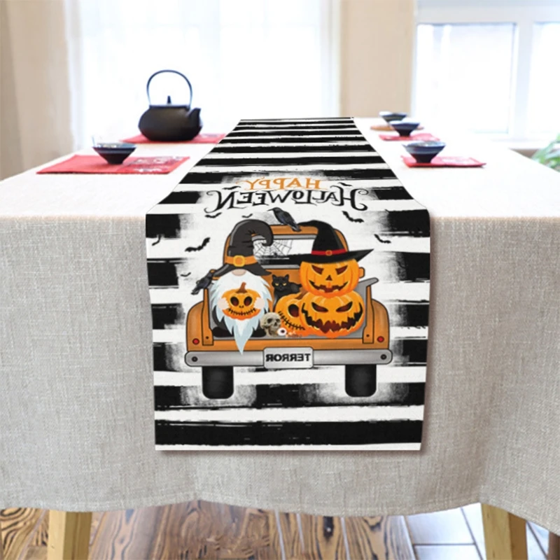 Halloween Faceless Gnome Pumpkin Print Table Runner Farmhouse Cotton Linen Striped Tablecloth Scarf Party Decor Dropship