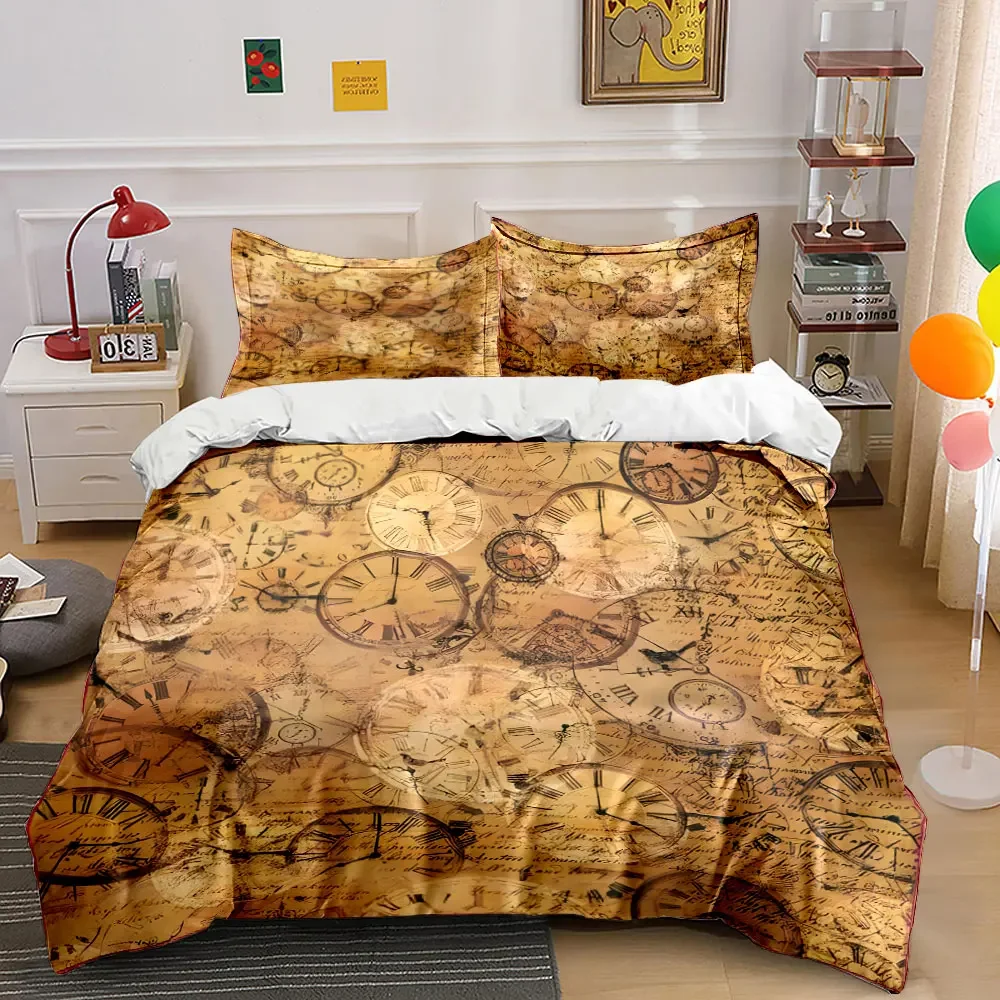 Vintage Clock Pattern Set Soft Comfortable Duvet Cover Bedding Set Included 1*Duvet Cover & 2*Pillowcases, gift