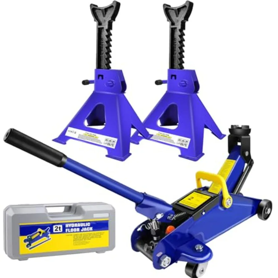 

Low Profile Hydraulic Trolley Service Floor Jack and Stand Combo with 2 Ratchet Jack Stands for Car Van Caravan Maintenance Hea