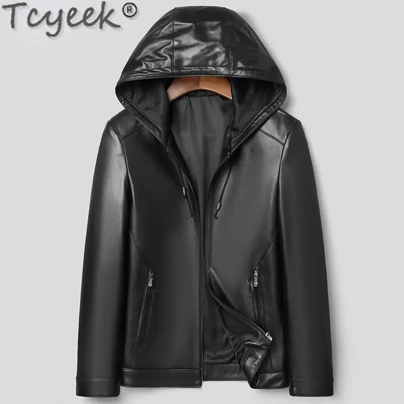 Motocycle Tcyeek Genuine Jacket Men Hooded Korean Male Leather Jackets Spring Fall Short Sheepskin Coat for Man Clothes