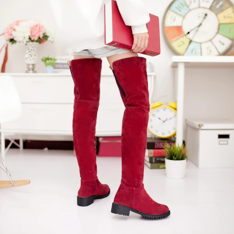 Low-Heeled Round Toe Nubuck Flock Material Women's Over-The-Knee Boots Classic Retro Minimalist Style Slip-On Long Boots