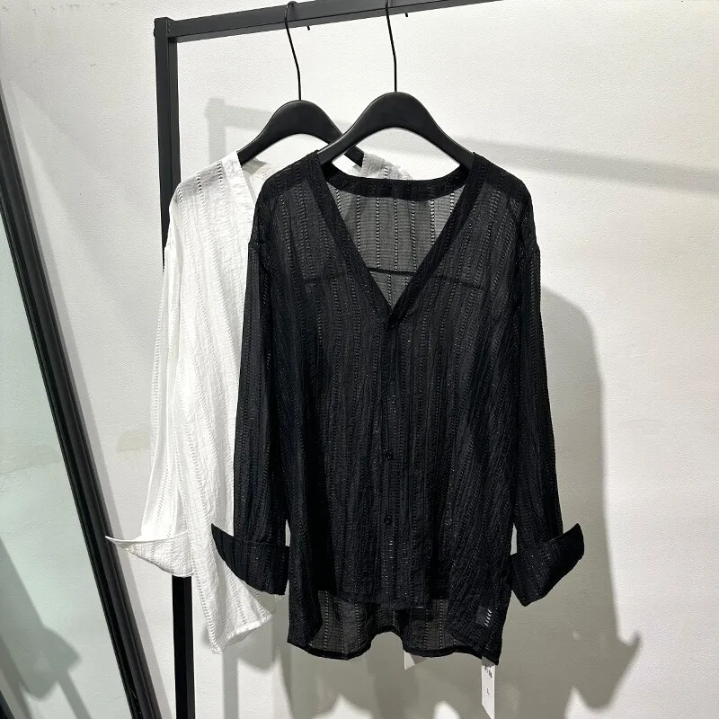 Autumn Idle Style Fashionable Design Hollow out See through Collar Shirt Dark Light Pleated Sheer Top