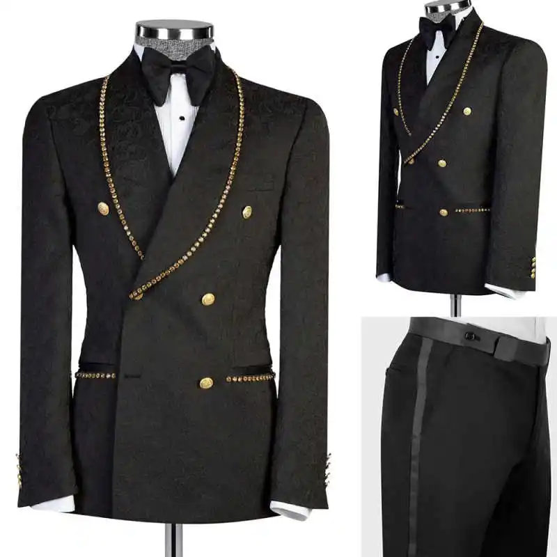 

Formal Jacquard Men Suits Shawl Lapel Double Breasted Prom Wedding Tuxedos Crystals Business Occasion 2 Pieces Customized