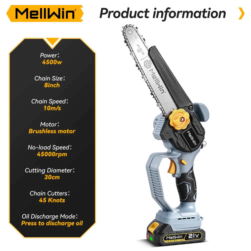 MELLWIN Electric Chainsaw 8 Inch Automatic Oiler Cordless Garden Wood Cutting Logging Pruning Saw Tool for Makita 18V Battery Pin - Image 2