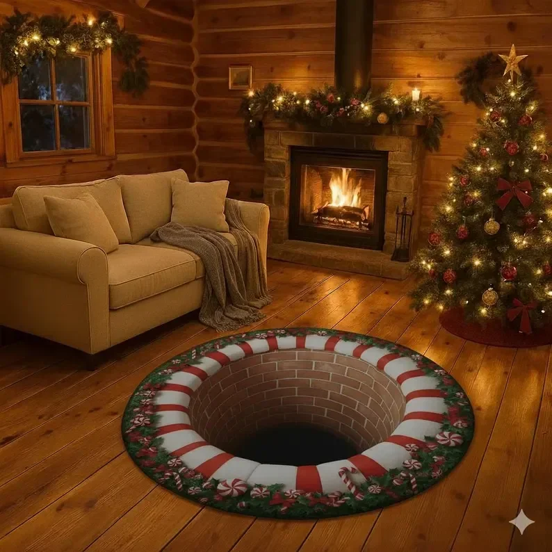 Round Christmas Snowflake Rug – Festive Gold & Red Winter Holiday Mat for Cozy Living Room Decor