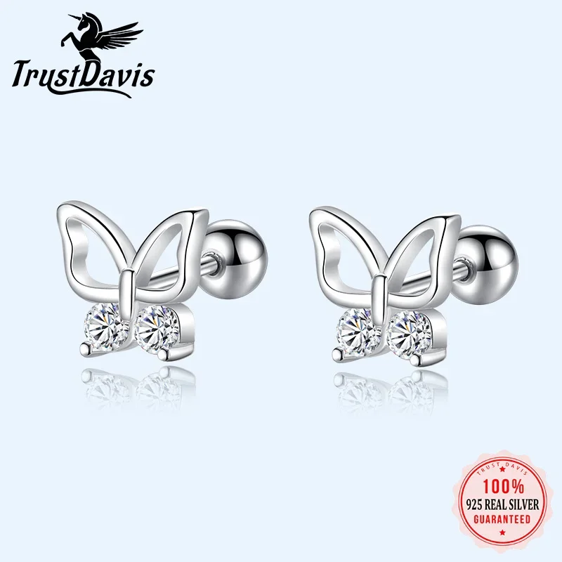 TrustDavis Real 925 Sterling Silver Fashion Butterfly CZ Screw Stud Earrings For Women Wedding Valentine\'s Day Jewelry DB309