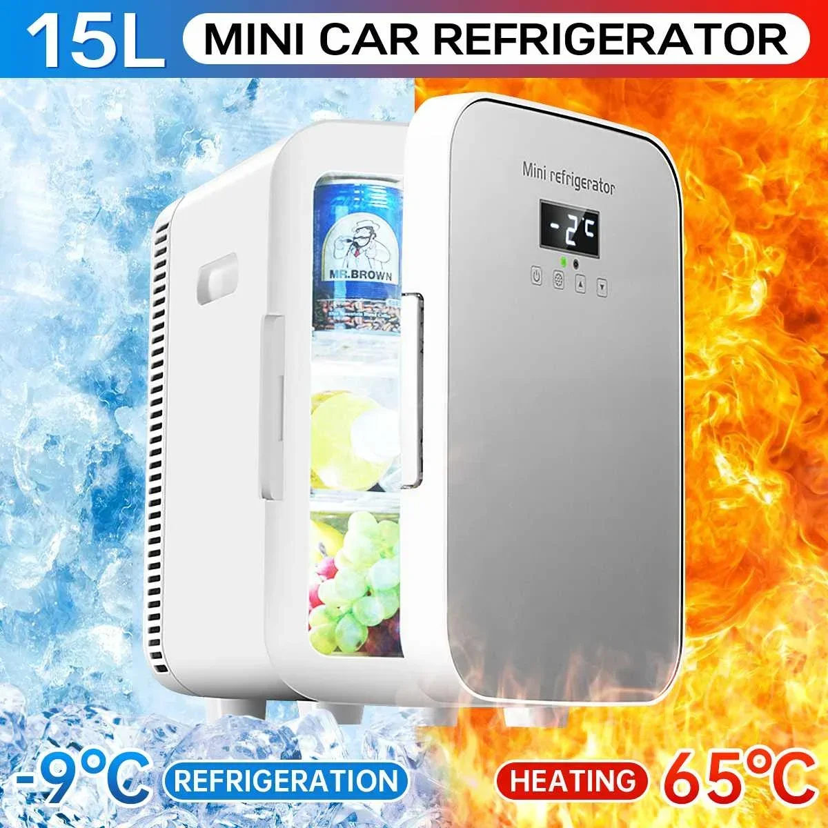 DC12-24V/AC220V 15L Car Home Auto Refrigerator Dual Core Freeze Heating Food Fruit Storage Fridge Cooler for Home Travel Camping