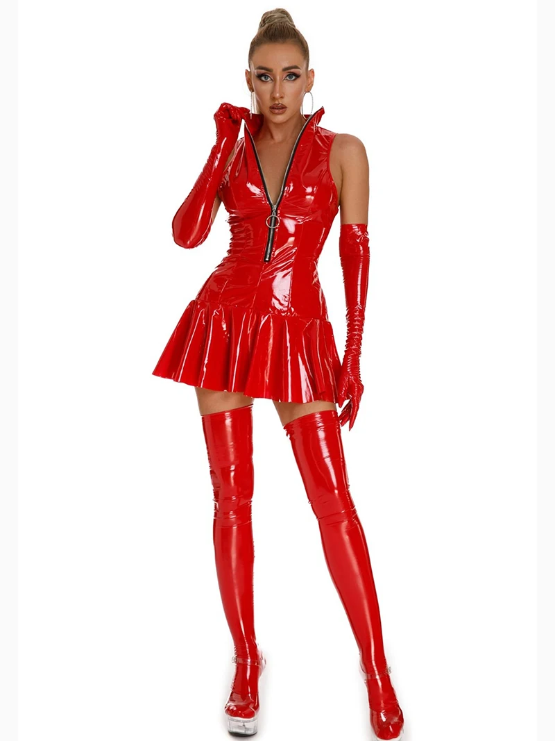 

5pc PVC Shiny Leather Glossy Leather Dress with Socks for Adults Women Wet Look Rave Costume Performance Pole Dance Clubwear