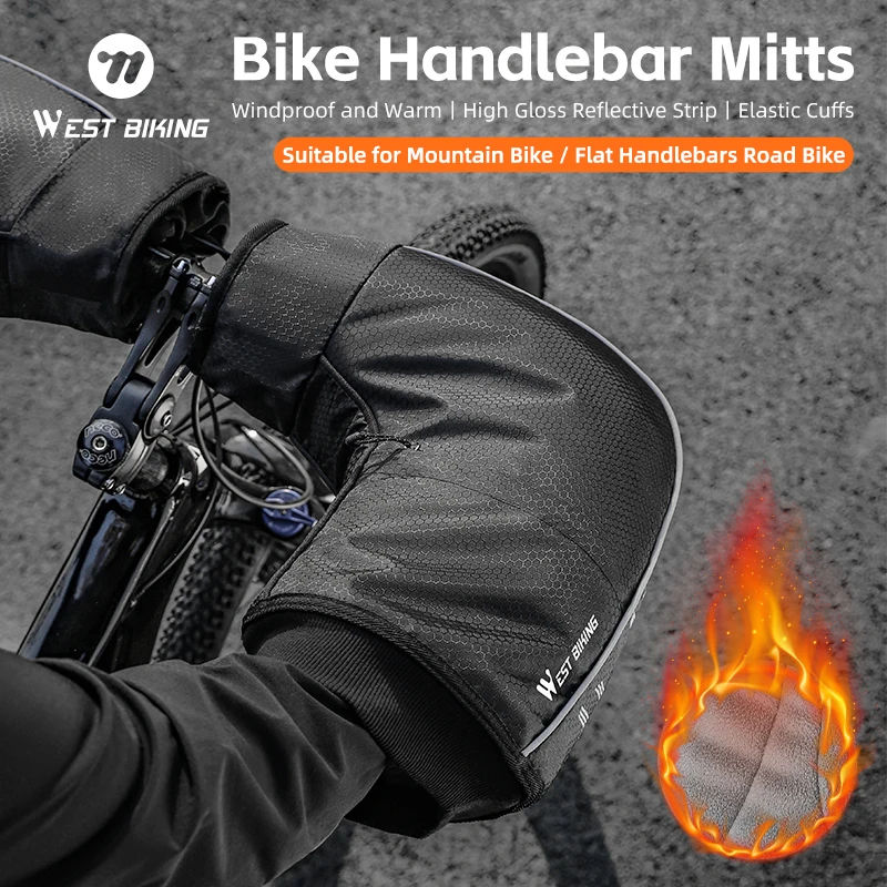 

WEST BIKING Winter Bicycle Handlebar Gloves Polar Fleece Windproof Thermal Mitts MTB Road Bike Bar Reflective Mittens For Safety