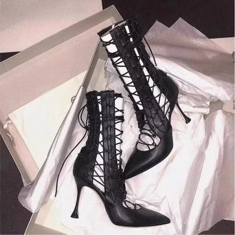 

Hollow Lace Up Women Boots Black Leather Pointed Toe Cross Strap Cover Heels Evening Club Party Shoes Western Cowboy Boots