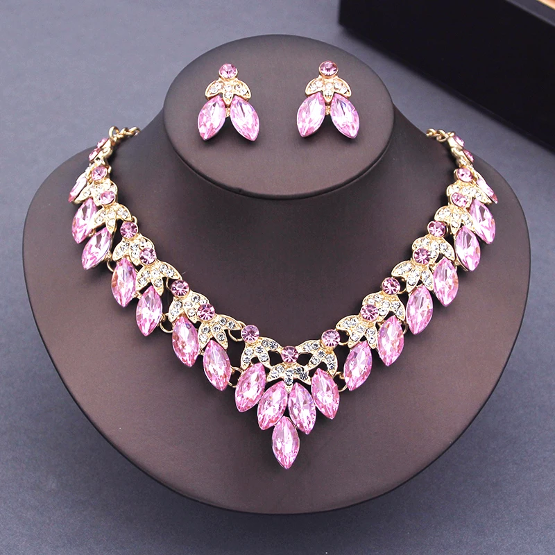 Luxury Red Crystal Choker Necklace Earrings Set Rhinestone Bridal Jewelry Sets Women Bride Wedding Party Costume Bijoux Femme