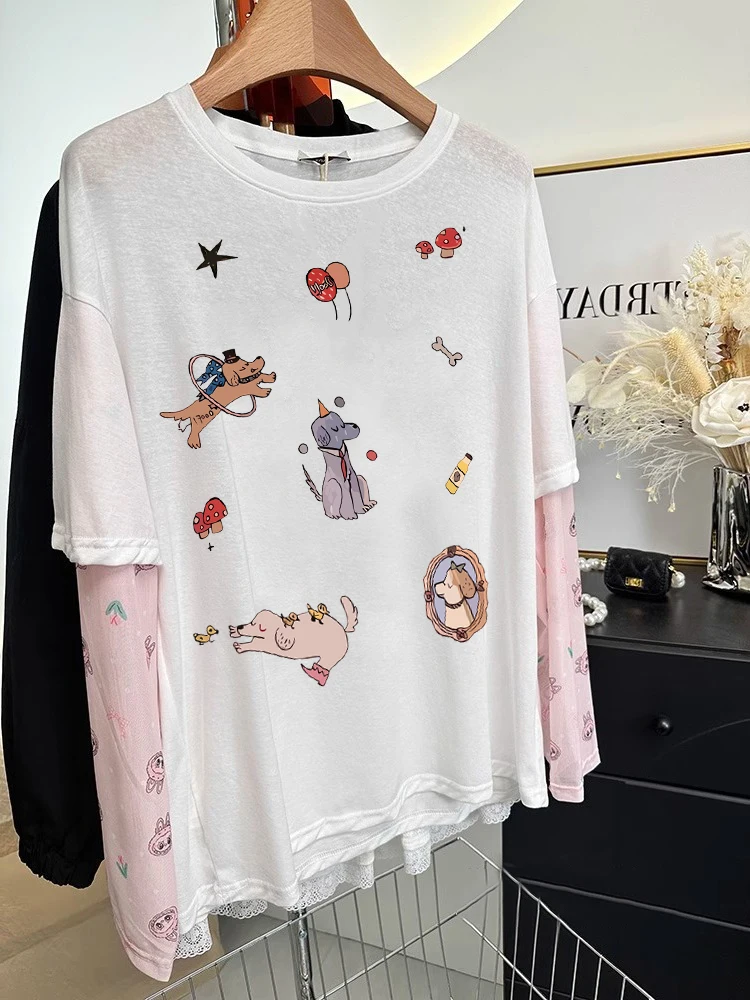 T-shirt bianca oversize ort Sve ex Protezione solare estiva allentata Top Design con abbellimento pesante Modello di giunzione alla moda