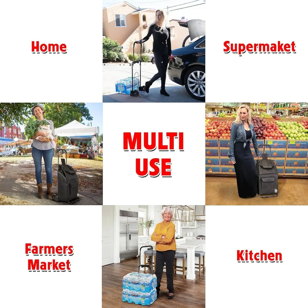 Foldable Grocery Cart with Removable Bag, Storage Pockets, and Hand Truck Function - Compact Rolling Cart for Shopping