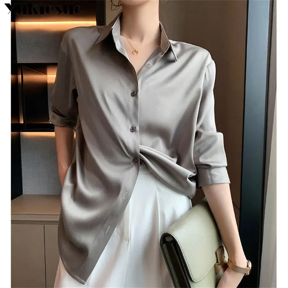 

New Spring Long Sleeve Solid Fashion Harajuku Vintage Leisure Women Satin Shirts Single-breasted Blouses Office Temperament Top