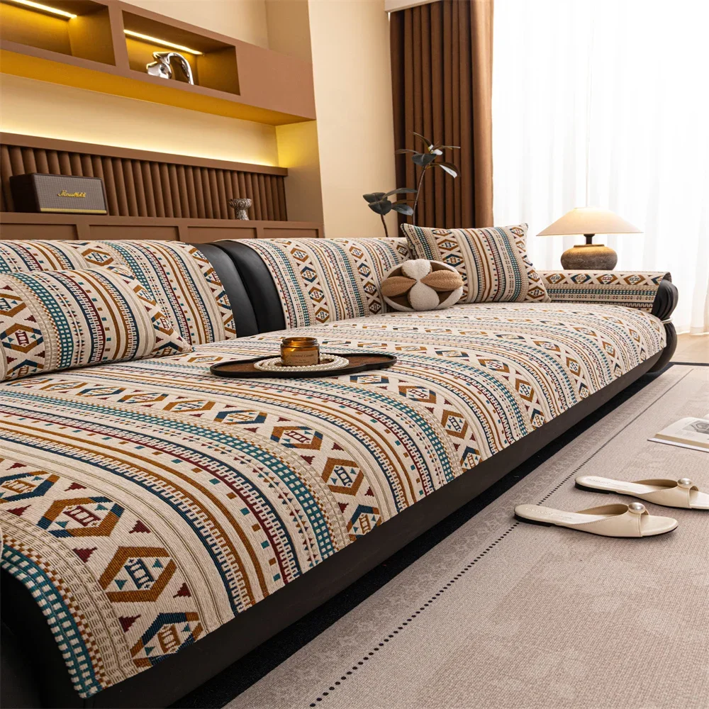 Retro Chenille Sofa Cushion Cover Non-Slip Fixed Straight Row Cloth for All Seasons Universal Sofa Slipcover