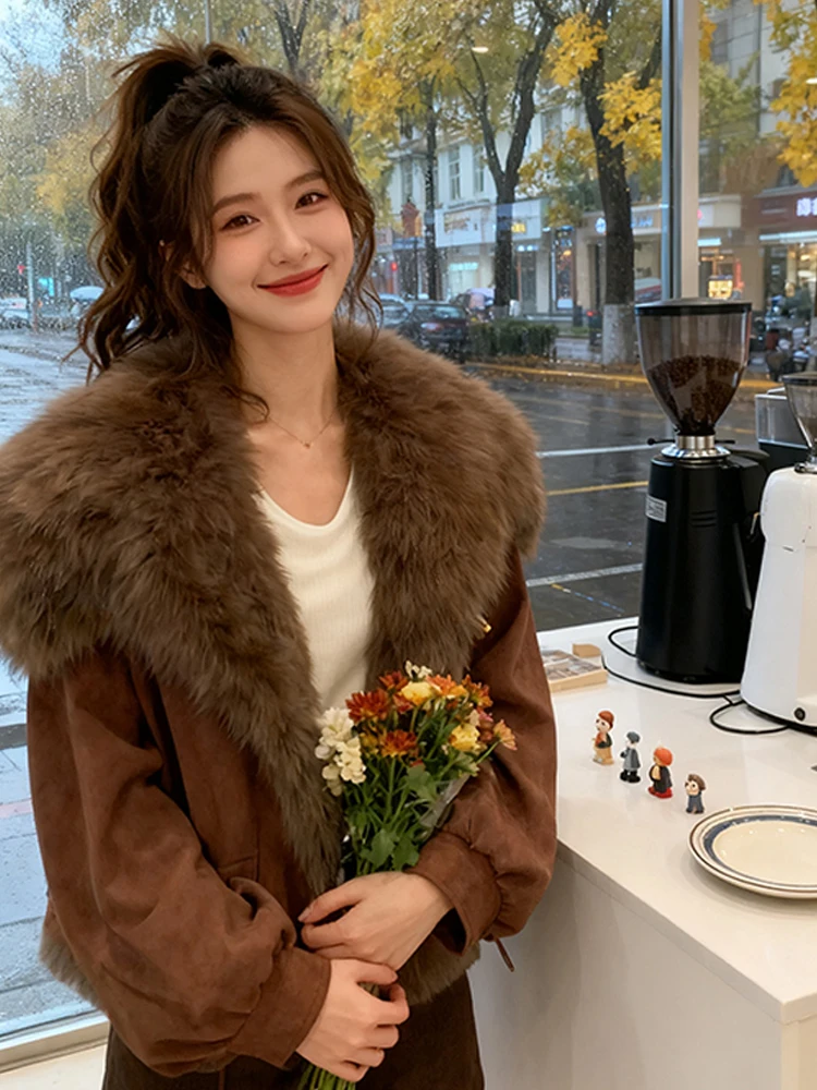 

Модная женская пуховая куртка с большим меховым воротником в корейском стиле, свободного кроя, на молнии, с длинными рукавами, зимнее пальто