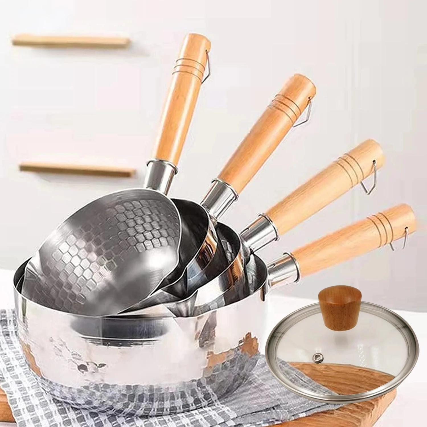 

Stainless Steel Saucepan with Lid Solid wood handle with hook Multipurpose Sauce Pan with Pour Spouts, Sauce Pot, Cooking Pot