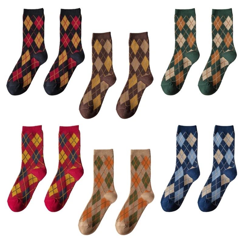 Women Autumn Ethnic Argyle Diamond Plaid Print Crew Socks Vintage College Preppy Style Student Cotton Mid-Calf Tube Hosiery image 2