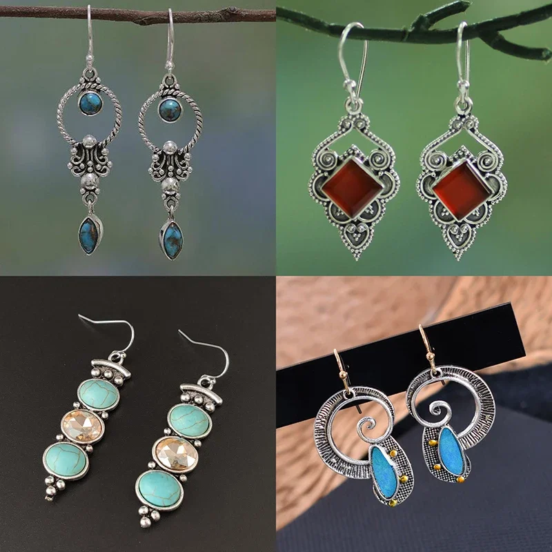 Boho Dangle Earrings for Women Vintage Selenite Turquoise Drop Earrings Ethnic Retro Pendant Ear Hook Beach Party Jewelry Gift