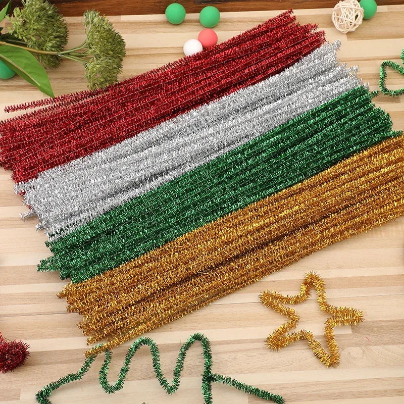 100 ชิ้น Glitter Chenille ลําต้น Rod รากขนสัตว์ Fluffy Twist Sticks Plush Tinsel ลําต้นแบบมีสาย DIY Craft Supplies ของเล่น