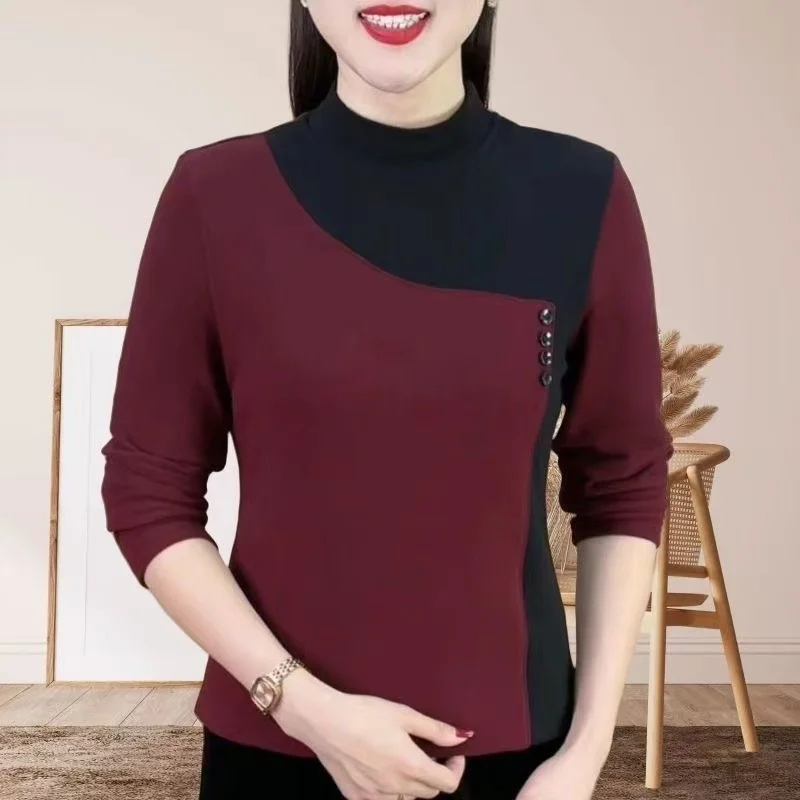 Thickened German Velvet Half High Collar Patchwork Color Upper Apparel Fashionable Slimming Mommy Style Inner Wear Autumn Win...