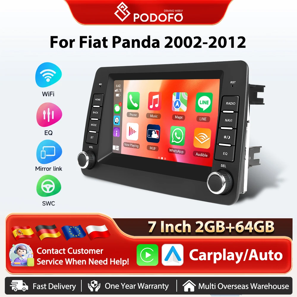 Autoradio Podofo da 7 pollici con Carplay e Android Auto wireless per Fiat Panda 2002-2012, sistema intelligente per auto, navigazione GPS, BT, FM/RDS, 2din, autoradio Plug&Play, unità principale,